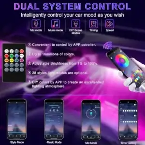 Smart RGB Ambient Interior Car LED Lights with App & Remote Control with Music Sync - Thumbnail Image 4