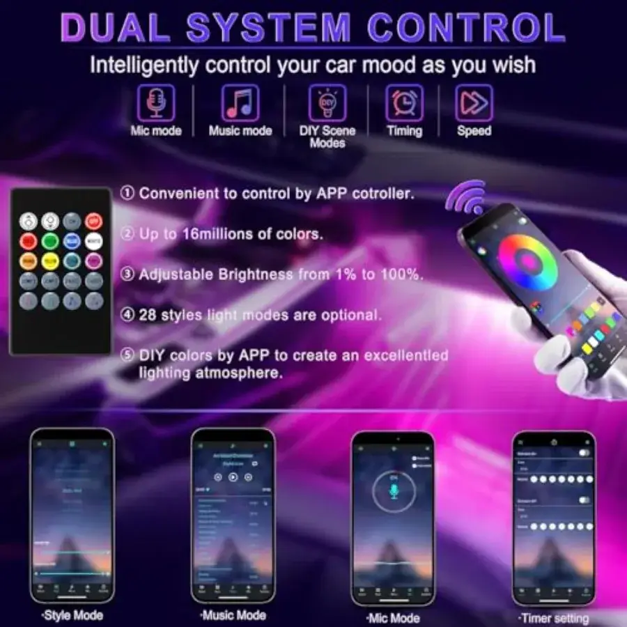 Smart RGB Ambient Interior Car LED Lights with App & Remote Control with Music Sync - Image 4