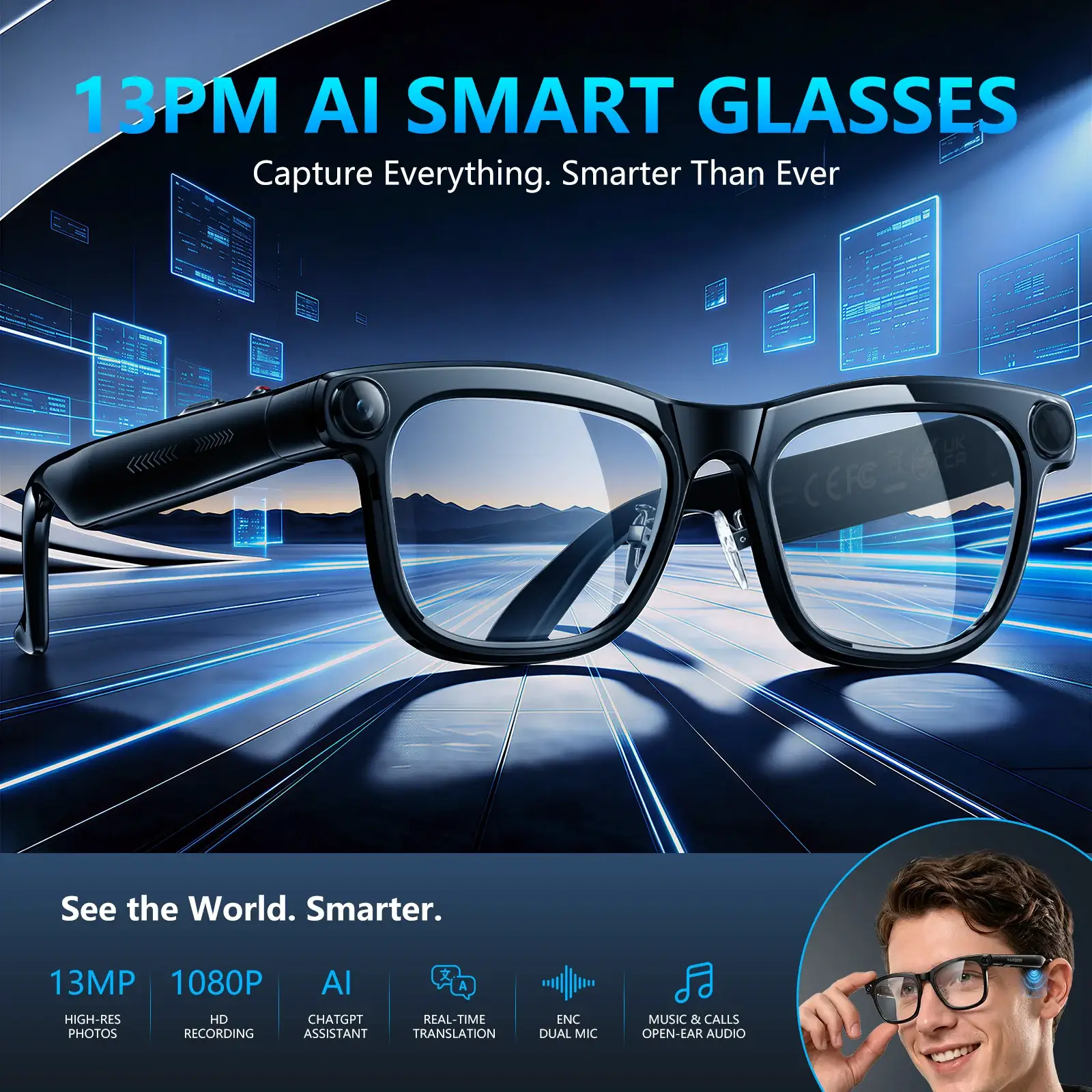 KAIGERR Smart Glasses – 13MP  4K AI Camera & Bluetooth Audio - Image 1
