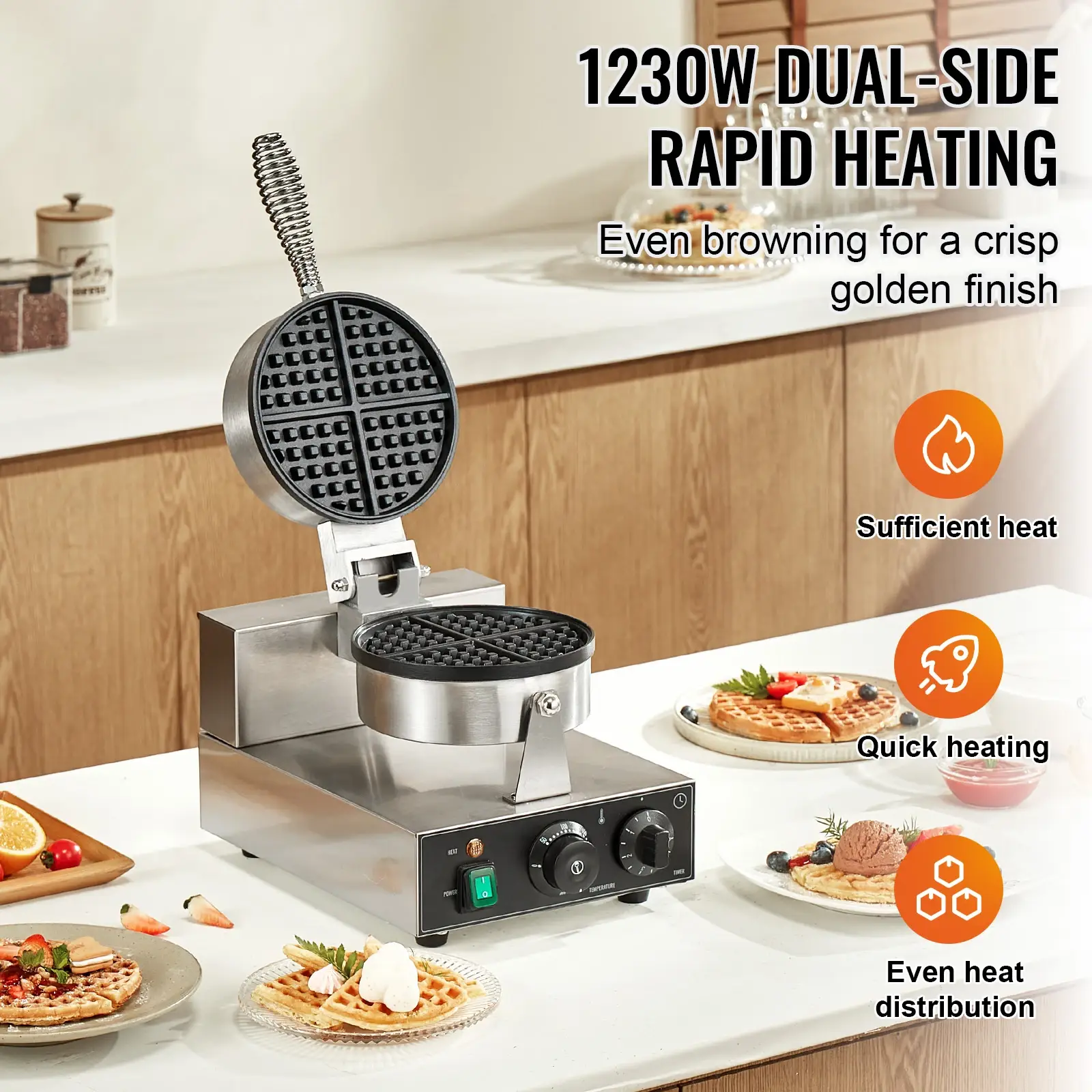 SucceBuy Commercial 1230W Non-Stick Belgian Waffle Maker with Timer - Image 3